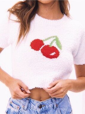 Pretty Garbage NWT Fuzzy Short Sleeve Cherry Sweater Small